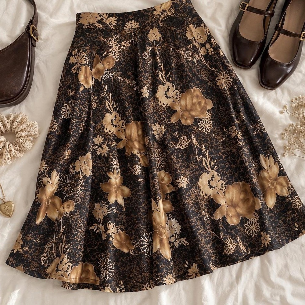 Floral skirt Vintage 80s black and gold floral